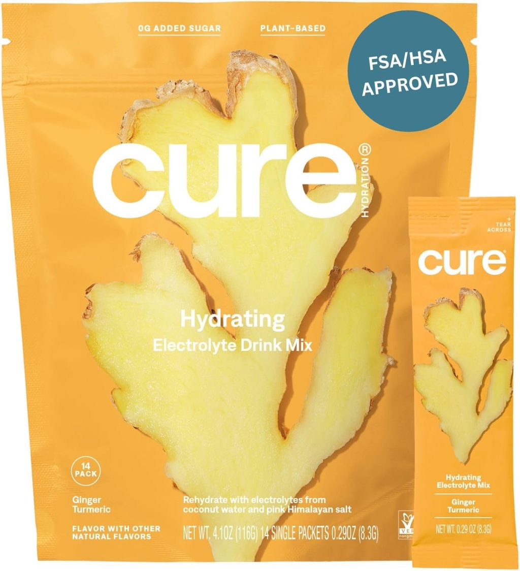 Cure Hydrating Electrolyte Mix | Powder for Dehydration Relief | Made with Coconut Water | No Added Sugar | FSA & HSA | Vegan | Paleo Friendly | Pouch of 14 Packets – Ginger Turmeric