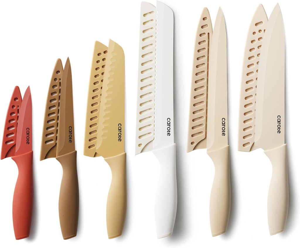 CAROTE 12 Pieces Kitchen Knife Set, Stainless Steel Knife Set With Nonstick Ceramic Coating, Dishwasher Safe with 6 Blade Guards, Rustproof, Brown CAROTE 12 Pieces Kitchen Knife Set, Stainless Steel Knife Set With Nonstick Ceramic Coating, Dishwasher Safe with 6 Blade Guards, Rustproof, Brown