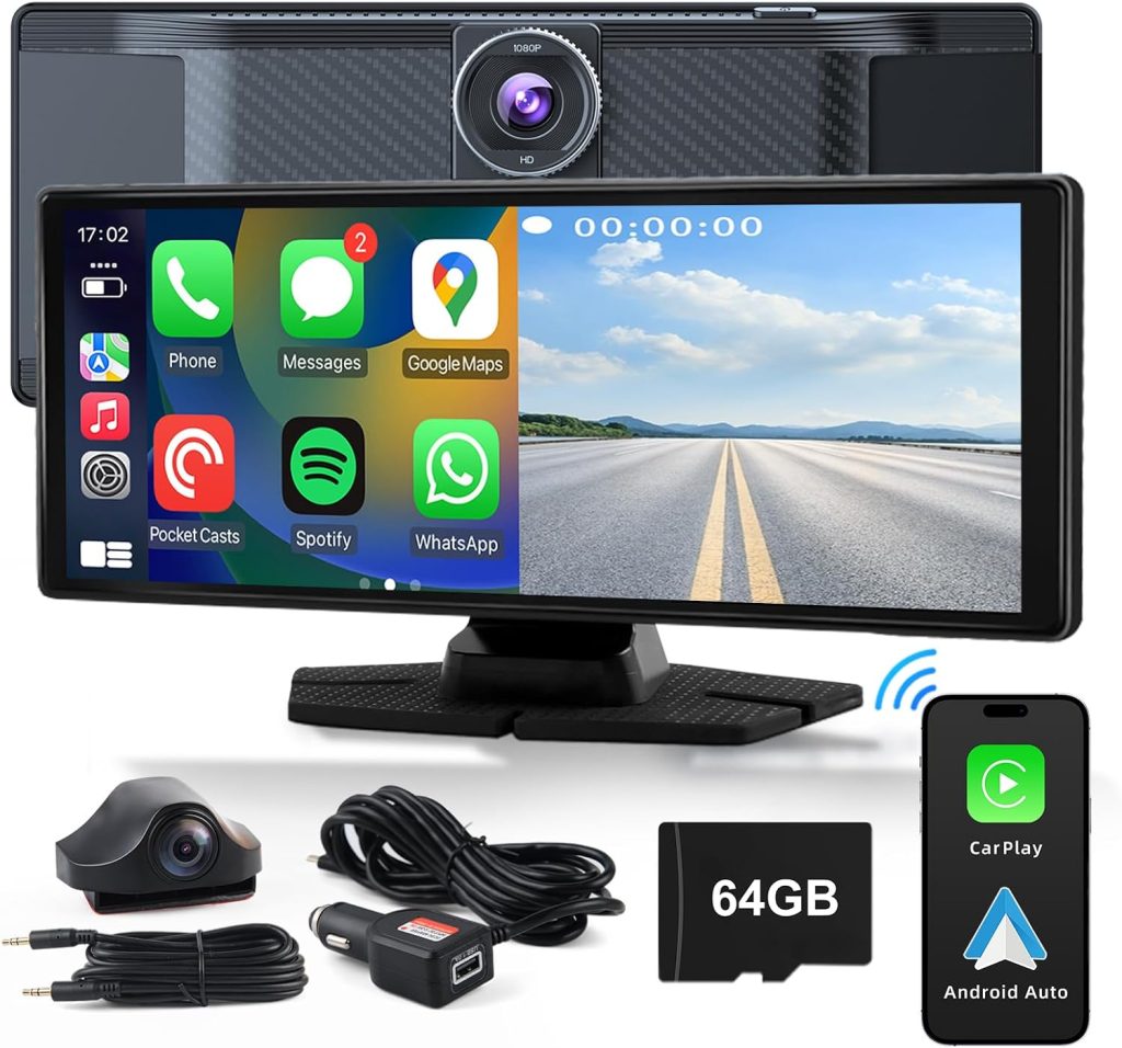 Wireless Apple CarPlay Screen for Car 10.26” Portable Car Stereo with CarPlay & Android Auto, 4K Front Dash Cam &1080P Rear Camera with GPS Navigation, Mirror Link, Loop Recording, Voice Control etc Wireless Apple CarPlay Screen for Car 10.26” Portable Car Stereo with CarPlay & Android Auto, 4K Front Dash Cam &1080P Rear Camera with GPS Navigation, Mirror Link, Loop Recording, Voice Control etc