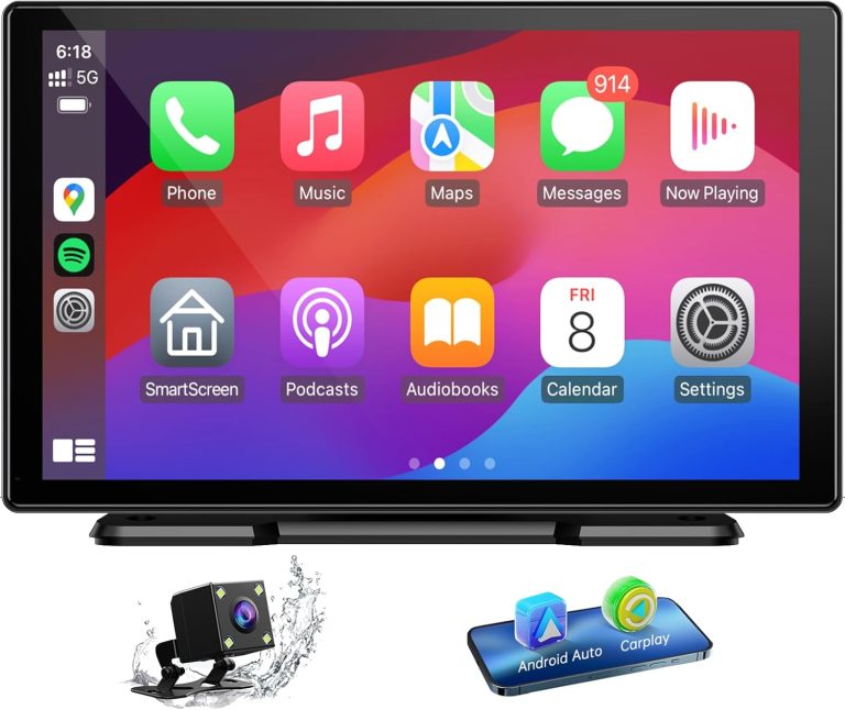 Volam Portable Apple Carplay Screen for Car,9-inch Android Auto Screen with Backup Camera,Wireless Car Stereo with Voice Control,Bluetooth,Mirror Link,GPS Navigation for All Vehicles
