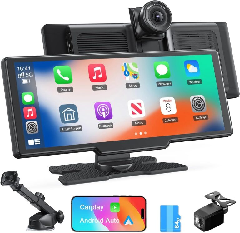Wireless Apple Carplay Screen,Android Auto,with 4K Dash Cam,1080P Rear Camera,9.26” Portable Car Stereo Touchscreen,Voice Control,GPS Navigation,Mirror Link,Car Audio Receivers with Bluetooth,AUX,FM