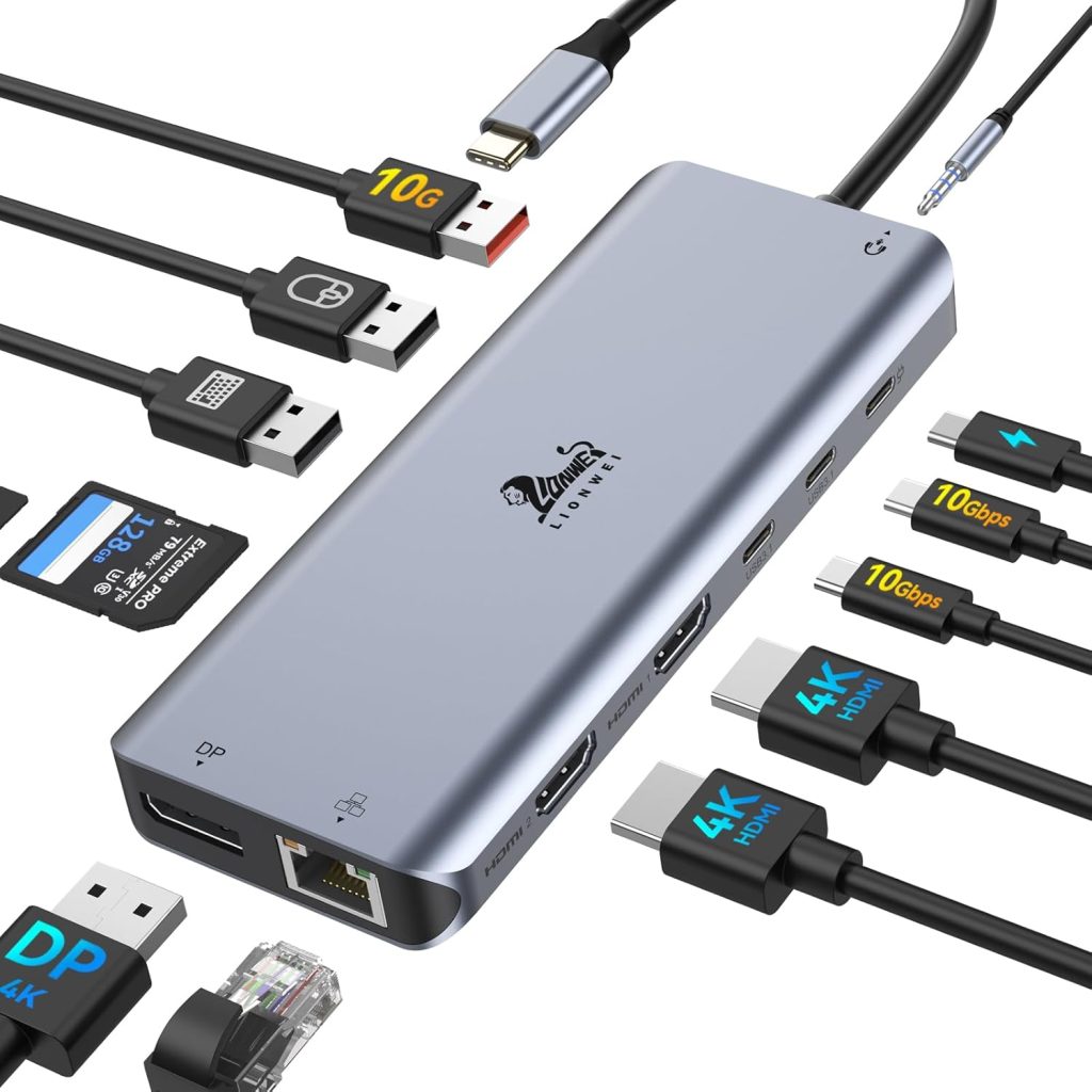 LIONWEI 13 in 1 USB C Laptop Docking Station – 2 HDMI+DisplayPort+10Gbps, 6 USB C/A, 100W PD, Ethernet, SD/TF, Audio, USB C Hub for MacBook/Dell/HP/Surface LIONWEI 13 in 1 USB C Laptop Docking Station – 2 HDMI+DisplayPort+10Gbps, 6 USB C/A, 100W PD, Ethernet, SD/TF, Audio, USB C Hub for MacBook/Dell/HP/Surface