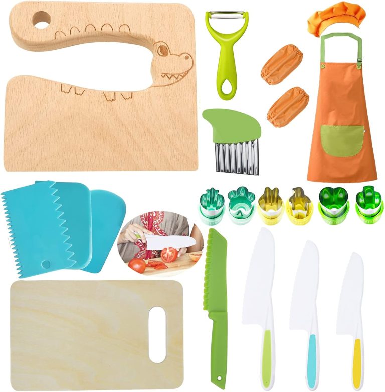 20 Pieces Wooden Kids Kitchen Knife Set,Include Wood Kids Knife Potato Slicers Cooking Knives Children’s Safe Knifes Peeler Cake Scraper Kids Cute Rectangle Cutting Board Kid Apron Peeler