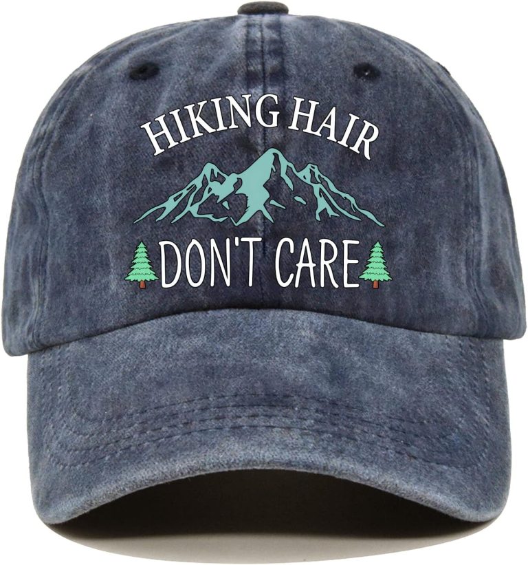 Hiking Hair Don’t Care Distressed Washed Blue Baseball Cap, Vintage Adjustable Cotton Cap, Retirement Gifts for Men and Women, Hiking Hats for Mom and Dad, Birthday Gifts for Camping Lovers