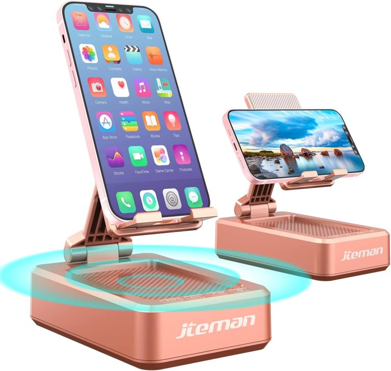 Jteman Portable Phone Stand with Speaker Bluetooth Wireless,Gifts for Men Women,Birthday for Women Men,Kitchen Gadgets for Men,Phone Holder for Desk – Rose Gold