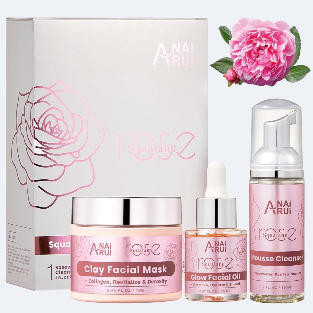 ANAiRUi Skincare Gift Set, Rose Christmas Gift for Women, Facial Kit for Women, Rose & Squalane Face wash and Moisturizer Set with Clay Mask, Face Cleanser and Facial Oil, Purify, Hydrate, Radiant ANAiRUi Skincare Gift Set, Rose Christmas Gift for Women, Facial Kit for Women, Rose & Squalane Face wash and Moisturizer Set with Clay Mask, Face Cleanser and Facial Oil, Purify, Hydrate, Radiant