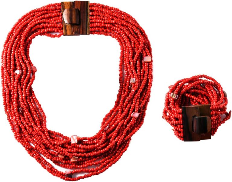 Shop LC Handmade Seed Bead Necklace & Bracelet Set – Boho Jewelry for Women – Layered Multi Strand Beaded Statement Necklaces & Bracelets w/Wooden Clasp – Necklace Length 18″ – Strechable Bracelet