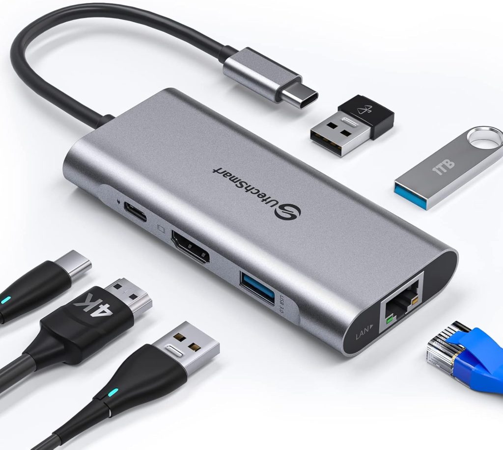 UtechSmart USB C Hub, USB C Ethernet Multiport Adapter, 6 In 1 USB C to HDMI Dock Compatible for Macbook Pro/Air, Chromebook, Dell XPS, HP and Type C Devices (Gigabit Ethernet 100W PD 4K HDMI USB 3.0) UtechSmart USB C Hub, USB C Ethernet Multiport Adapter, 6 In 1 USB C to HDMI Dock Compatible for Macbook Pro/Air, Chromebook, Dell XPS, HP and Type C Devices (Gigabit Ethernet 100W PD 4K HDMI USB 3.0)