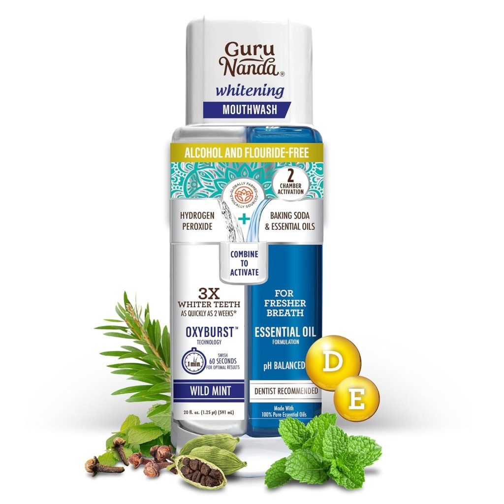GuruNanda Teeth Whitening Dual Barrel Oxyburst Mouthwash – Alcohol & Fluoride Free, Hydrogen Peroxide to Promote Whiter Teeth – Wild Mint – 20 Fl Oz GuruNanda Teeth Whitening Dual Barrel Oxyburst Mouthwash – Alcohol & Fluoride Free, Hydrogen Peroxide to Promote Whiter Teeth – Wild Mint – 20 Fl Oz