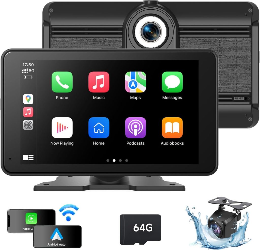 Portable Wireless Carplay Screen for Car, 7” HD Android Auto & Car Play Touchscreen with 4K Dash Cam, Backup Camera/Mirror Link/Car Audio Receivers/Bluetooth/Siri/GPS Navigation Portable Wireless Carplay Screen for Car, 7” HD Android Auto & Car Play Touchscreen with 4K Dash Cam, Backup Camera/Mirror Link/Car Audio Receivers/Bluetooth/Siri/GPS Navigation