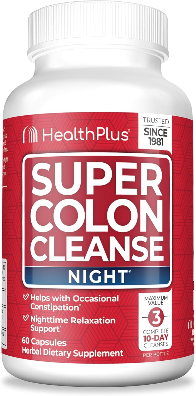 Health Plus Super Colon Cleanse Night Formula Digestive Support | Constipation Relief to Reduce Bloating with Probiotics and Valerian Root for Sleep | More than 1 Cleanse, 60 Capsules