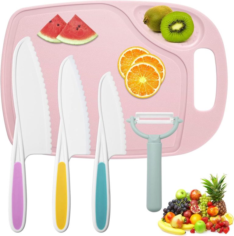 5 Pieces Kids Knife Set for Cooking, with Cutting Board and Safe Lettuce and Salad Knives, Kids Cooking Utensils in 3 Sizes & Colors for Fruit, Bread, Cake, Salad