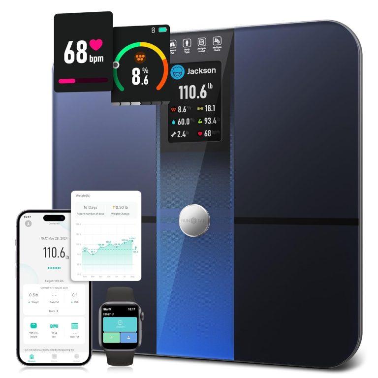 Runstar Smart Scale for Body Weight and Fat Percentage FSA HSA Eligible, 3.5″ TFT Color Display High Precision Digital Bathroom Scale BMI Heart Rate 22 Body Composition Analyzer Sync with Fitness App