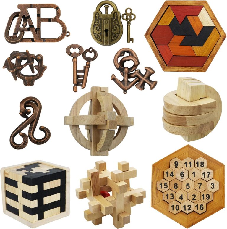 Arlai 12 pcs Wooden Brain Teaser Puzzle and Metal 3D Unlock Interlocking Jigsaw Educational Toy for Kids and Adults Brain Games