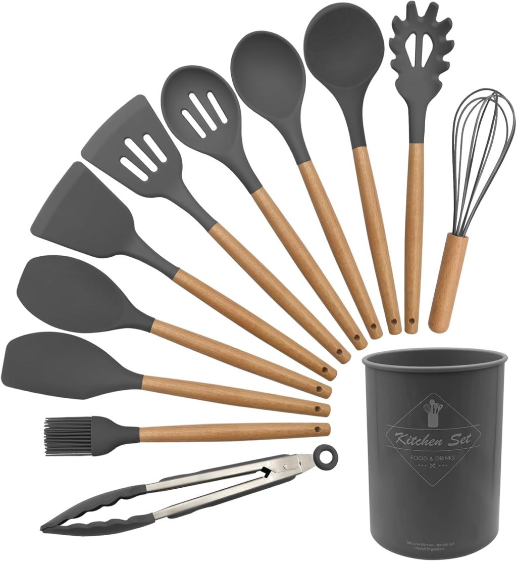 Silicone Kitchen Utensils Set, 12 Pcs Silicone Cooking Utensils Set with Wooden Handle Non-Scratch Non-Stick Grey Utensils Set with Holder for Kitchen Cooking Baking Camper RV (Dark Gray) Silicone Kitchen Utensils Set, 12 Pcs Silicone Cooking Utensils Set with Wooden Handle Non-Scratch Non-Stick Grey Utensils Set with Holder for Kitchen Cooking Baking Camper RV (Dark Gray)