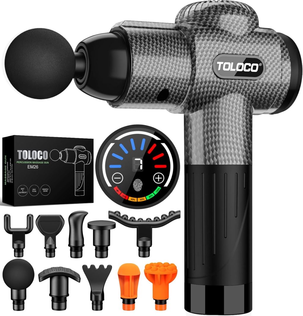 TOLOCO Massage Gun, Deep Tissue Back Massager for Athletes with 10 Massage Heads, Electric Muscle Percussion Massager for Any Pain Relief, FSA and HSA Eligible, Carbon TOLOCO Massage Gun, Deep Tissue Back Massager for Athletes with 10 Massage Heads, Electric Muscle Percussion Massager for Any Pain Relief, FSA and HSA Eligible, Carbon