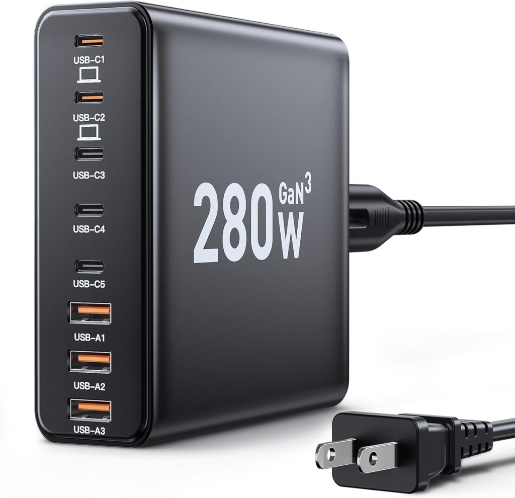 280W USB C Charger Block, 8-Port USB C Charging Station GaN III PD 65W Laptop Charger Adapter Compatible with MacBookPro/Air,DELL,iPad,Portable Charging Station for iPhone,Samsung Galaxy (Black) 280W USB C Charger Block, 8-Port USB C Charging Station GaN III PD 65W Laptop Charger Adapter Compatible with MacBookPro/Air,DELL,iPad,Portable Charging Station for iPhone,Samsung Galaxy (Black)