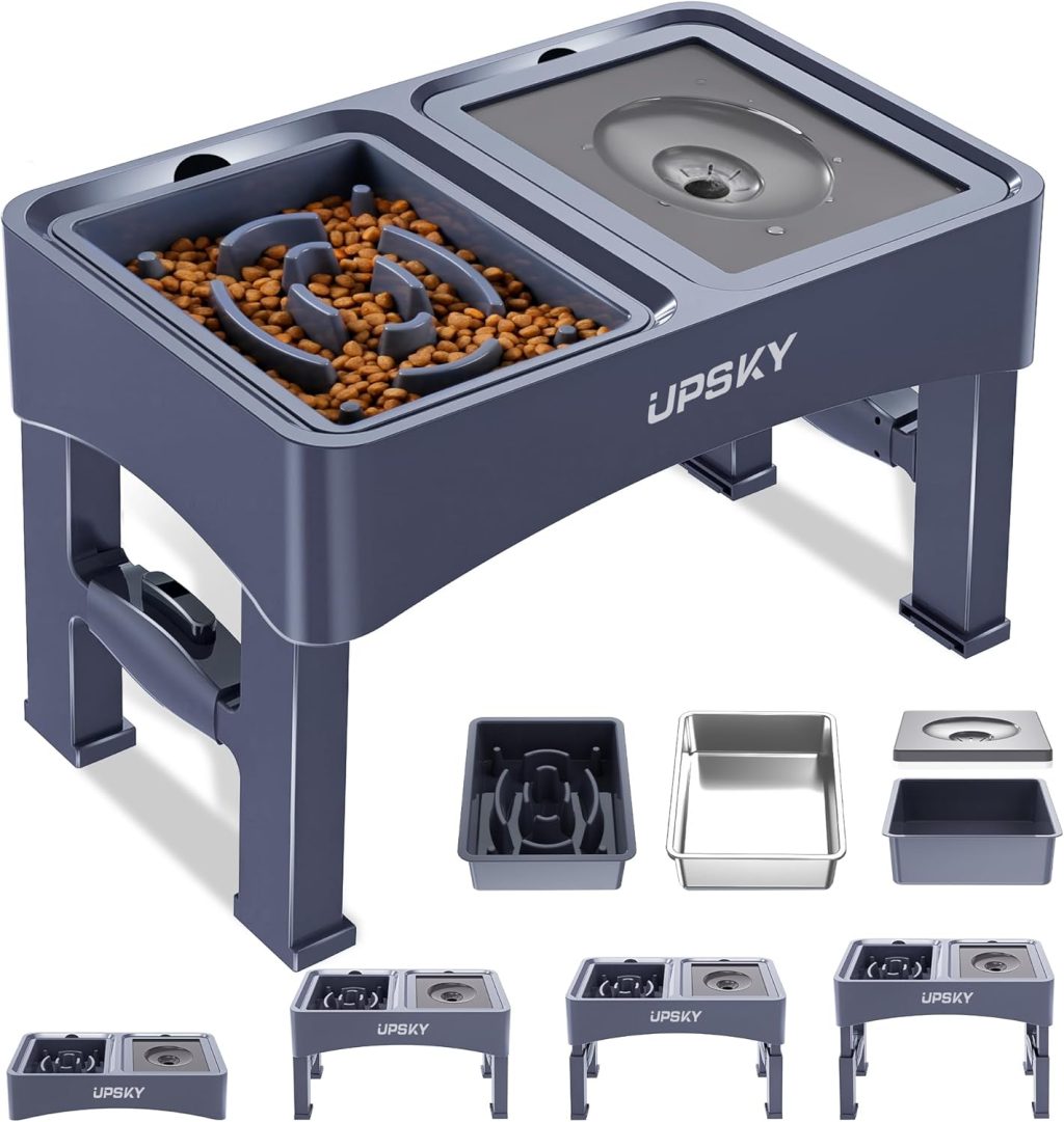 UPSKY 3-in-1 Elevated Dog Bowls Slow Feeder, 4 Height Adjustable Raised Dog Bowl Stand No Spill Dog Water Bowl Dispenser, Stainless Steel Dog Food Bowl and Water Bowl for Small Medium Dogs, Blue UPSKY 3-in-1 Elevated Dog Bowls Slow Feeder, 4 Height Adjustable Raised Dog Bowl Stand No Spill Dog Water Bowl Dispenser, Stainless Steel Dog Food Bowl and Water Bowl for Small Medium Dogs, Blue