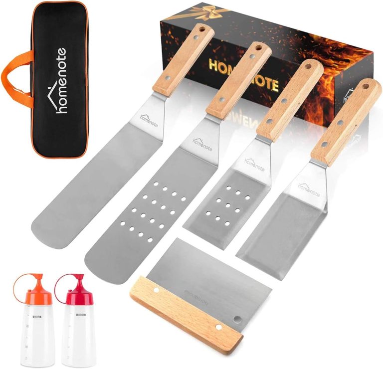 HOMENOTE Griddle Accessories Kit, 7Pc Professional BBQ Kit in Gift Box – Heavy Duty Wooden Handle Stainless Steel Griddle Tool Set Great for Grill Flat Top Cooking Camping, Wood Color