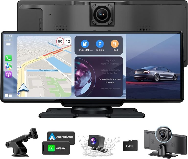 10.26″ HD Wireless Android & Carplay Screen for Car, Portable Touchscreen Car Stereo with 4K Dash Cam, 1080P Backup Camera, Bluetooth, AUX/FM, Siri, Mirror Link, GPS Navigation