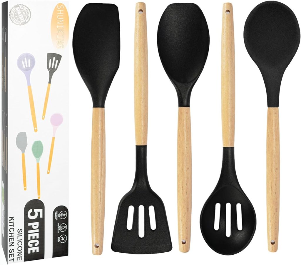 Kitchen Utensils Set, 5 Pcs Non-Stick Silicone Kitchen Cooking Utensils with Wooden Handle, Kitchen Spatula Cookware Utensils Set, Heat Resistant Silicone Kitchen Gadgets (Black) Kitchen Utensils Set, 5 Pcs Non-Stick Silicone Kitchen Cooking Utensils with Wooden Handle, Kitchen Spatula Cookware Utensils Set, Heat Resistant Silicone Kitchen Gadgets (Black)