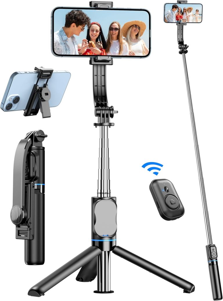 Selfie Stick, 41” Extendable Phone Tripod Stand with Phone Holder & Detachable Remote, 360° Rotation Selfie Stick Tripod for Cell Phone Compatible with iPhone, Android, Samsung