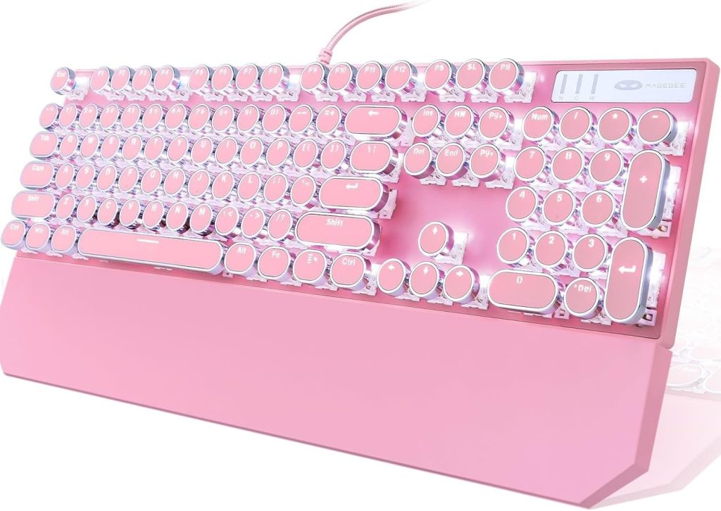 Camiysn Typewriter Style Mechanical Gaming Keyboard, Pink Retro Punk Gaming Keyboard with White Backlit, 104 Keys Blue Switch Wired Cute Keyboard, Round Keycaps for Windows/Mac/PC Camiysn Typewriter Style Mechanical Gaming Keyboard, Pink Retro Punk Gaming Keyboard with White Backlit, 104 Keys Blue Switch Wired Cute Keyboard, Round Keycaps for Windows/Mac/PC