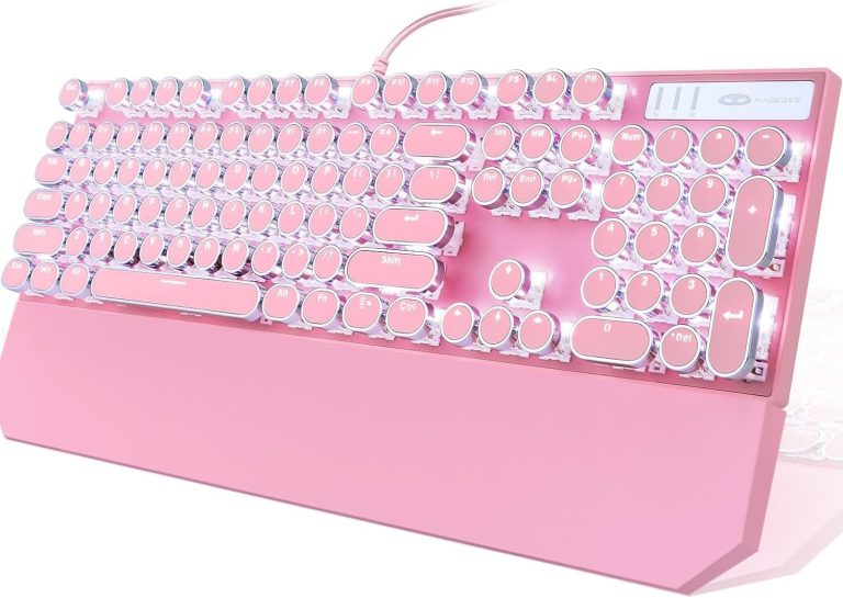 Camiysn Typewriter Style Mechanical Gaming Keyboard, Pink Retro Punk Gaming Keyboard with White Backlit, 104 Keys Blue Switch Wired Cute Keyboard, Round Keycaps for Windows/Mac/PC