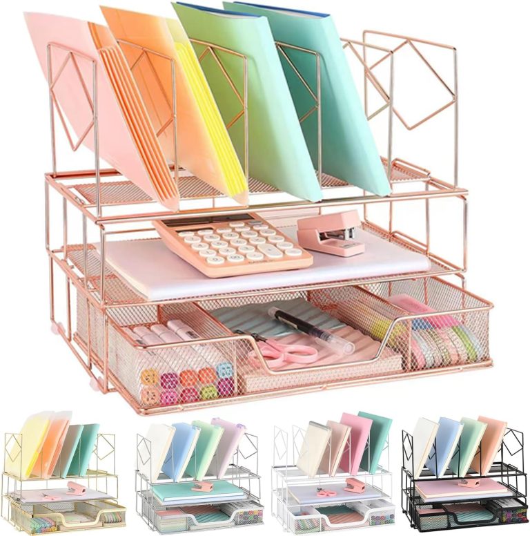 Youbetia Desk Organizers and Desk Accessories – Rose Gold Desk Organizer with File Sorters, File Organizer with Drawer, Desk Accessories & Workspace Organizers for School Office Supplies