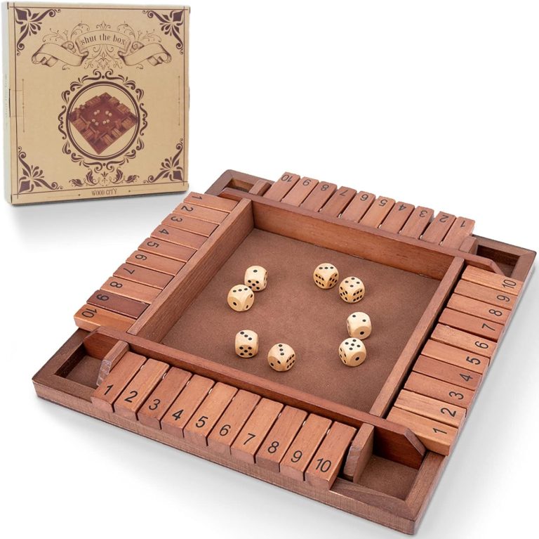 Shut The Box Game Wooden 4 Player, Classic Board Game for Kids & Adults, Educational Math Learning Toy, Table Dice Game for The Party Family or Bar – 12 Inch with 8 Dice