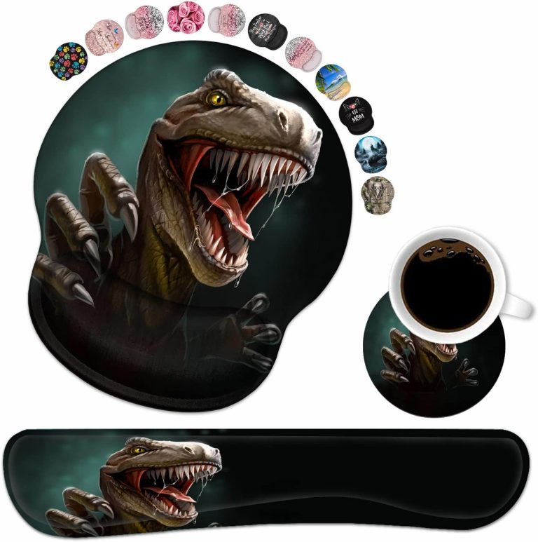 Keyboard Wrist Rest and Mouse Pad Wrist Support Set with Coasters, Non-Slip PU Base Ergonomic Gaming Mousepad for Home Office Working Studying Easy Typing & Pain Relief, Dinosaur