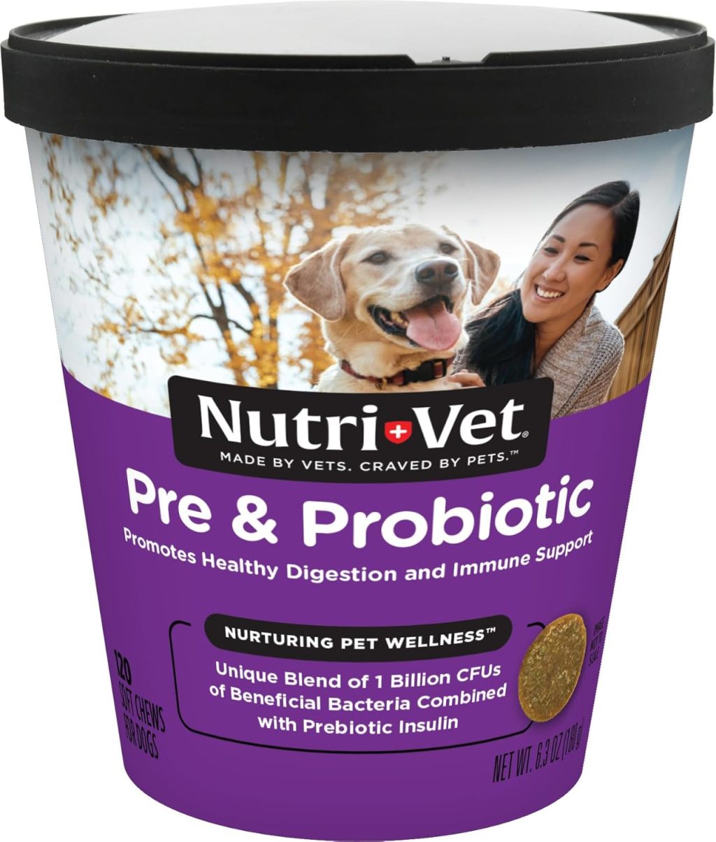 Nutri-Vet Pre and Probiotic Soft Chews for Dogs | Digestive Health Support | Tasty Alternative to Probiotic Powder | 120 Soft Chews Nutri-Vet Pre and Probiotic Soft Chews for Dogs | Digestive Health Support | Tasty Alternative to Probiotic Powder | 120 Soft Chews