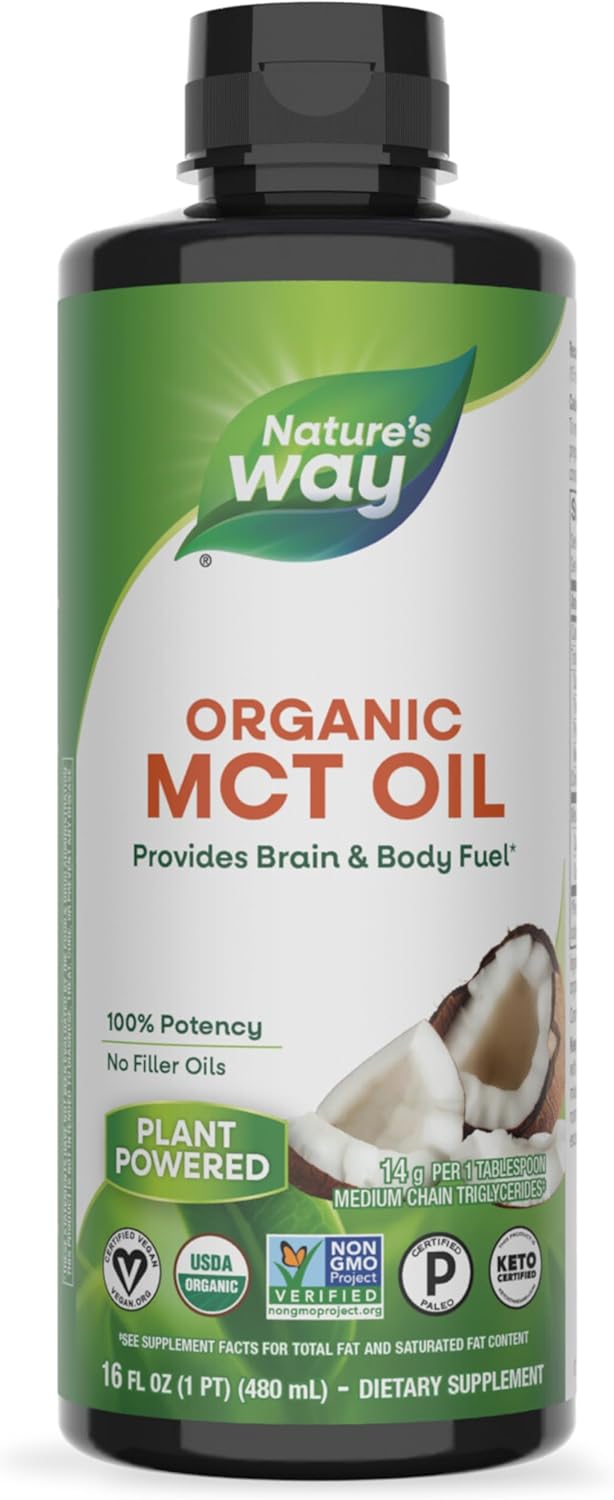 Nature’s Way Organic MCT Oil, 16 Fl Oz, Brain and Body Fuel from Coconuts*, C8 Caprylic Acid and C10 Capric Acid, Keto and Paleo Certified, Organic, Non-GMO Project Verified (Packaging May Vary) Nature’s Way Organic MCT Oil, 16 Fl Oz, Brain and Body Fuel from Coconuts*, C8 Caprylic Acid and C10 Capric Acid, Keto and Paleo Certified, Organic, Non-GMO Project Verified (Packaging May Vary)