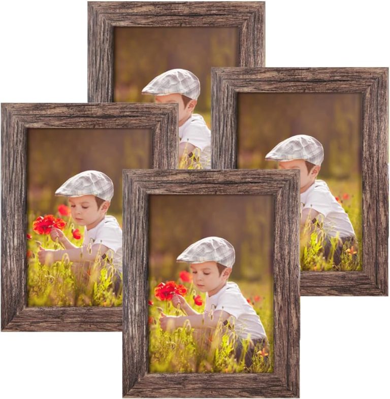 Q.Hou 5×7 Picture Frame Wood Pattern Rustic Brown Photo Frames Packs 4 with High Definition Glass for Tabletop or Wall Decor (QH-PF5X7-BR)
