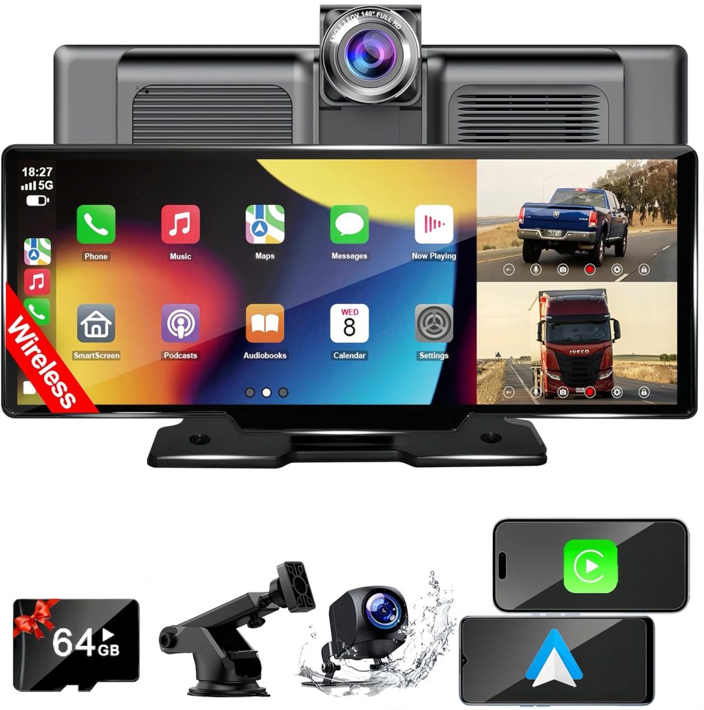 Portable Carplay Screen for Car, 10.26″ Wireless Car Stereo Receiver Apple Carplay & Android Auto with Front Dash Cam/1080P Backup Camera/Bluetooth/AUX/USB/FM/AM/GPS Navigation Portable Carplay Screen for Car, 10.26″ Wireless Car Stereo Receiver Apple Carplay & Android Auto with Front Dash Cam/1080P Backup Camera/Bluetooth/AUX/USB/FM/AM/GPS Navigation