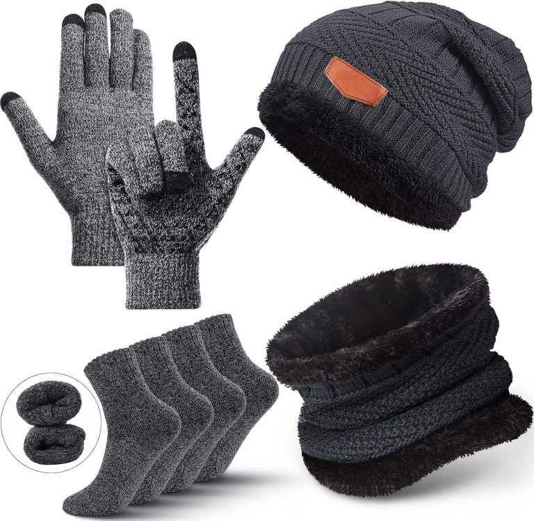 Winter Fleece Lined Beanie Hat Scarf Sock Touchscreen Gloves Set for Men Women