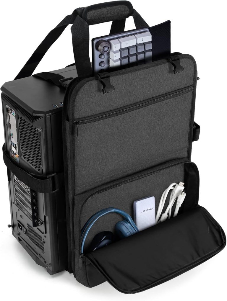 Trunab PC Tower Carrying Strap with Handle, Desktop Carrying Case with Pockets for Keyboard, Cable and Computer Accessories, Ideal for Transporting On The Go (Patented Design)