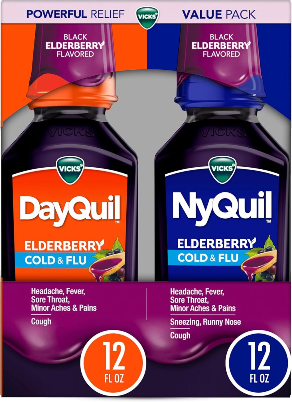 VICKS DayQuil & NyQuil Elderberry Flavor Cold & Flu Liquid Medicine Co-Pack, Multi-Symptom Relief of Headache, Fever, Sore Throat, Minor Aches & Pains, Sneezing, Runny Nose, and Cough, 2x12oz VICKS DayQuil & NyQuil Elderberry Flavor Cold & Flu Liquid Medicine Co-Pack, Multi-Symptom Relief of Headache, Fever, Sore Throat, Minor Aches & Pains, Sneezing, Runny Nose, and Cough, 2x12oz