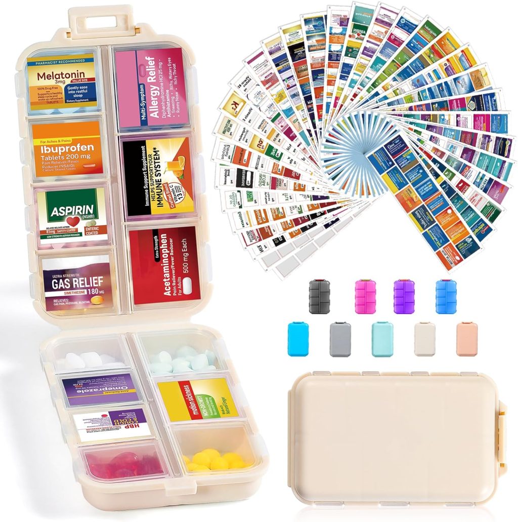 14 Grids Travel Pill Organizer Box with 415-Pcs Medicine Name Labels – Pocket Daily Pharmacy Case Container Kit – Travel Medication Holder Dispenser for Fish Oil Vitamin Supplement Storage – Khaki 14 Grids Travel Pill Organizer Box with 415-Pcs Medicine Name Labels – Pocket Daily Pharmacy Case Container Kit – Travel Medication Holder Dispenser for Fish Oil Vitamin Supplement Storage – Khaki
