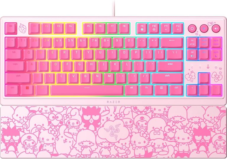 Razer Ornata V3 TKL Gaming Keyboard: Low-Profile Keys – Mecha-Membrane Switches – UV-Coated Keycaps – Backlit Media Keys – 8-Zone RGB Lighting – Magnetic Wrist Wrest – Hello Kitty & Friends Edition