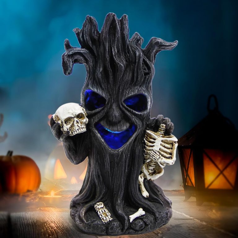 Leekung Halloween Tree Dead Tree Skull Head Statue – with Spooky Led Lights for Holiday Decorations Halloween Statues and Figurines Skeleton Head Statue for Halloween Props Haunted Collectible Gifts