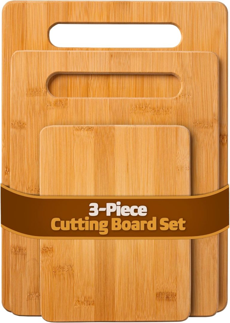 Wood Cutting Boards for Kitchen – 3 Piece Bamboo Cutting Board Set, Reversible Wooden Board with Handle for Meal Prep & Serving, Butcher Block for Meat, Chopping Vegetables, or Fruits Assorted Size