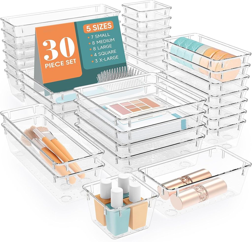 WOWBOX 30 PCS Clear Plastic Drawer Organizer Set, 5 Sizes Desk Drawer Divider Organizers and Storage Bins for Makeup, Jewelry, Gadgets for Kitchen, Bedroom, Bathroom, Office WOWBOX 30 PCS Clear Plastic Drawer Organizer Set, 5 Sizes Desk Drawer Divider Organizers and Storage Bins for Makeup, Jewelry, Gadgets for Kitchen, Bedroom, Bathroom, Office