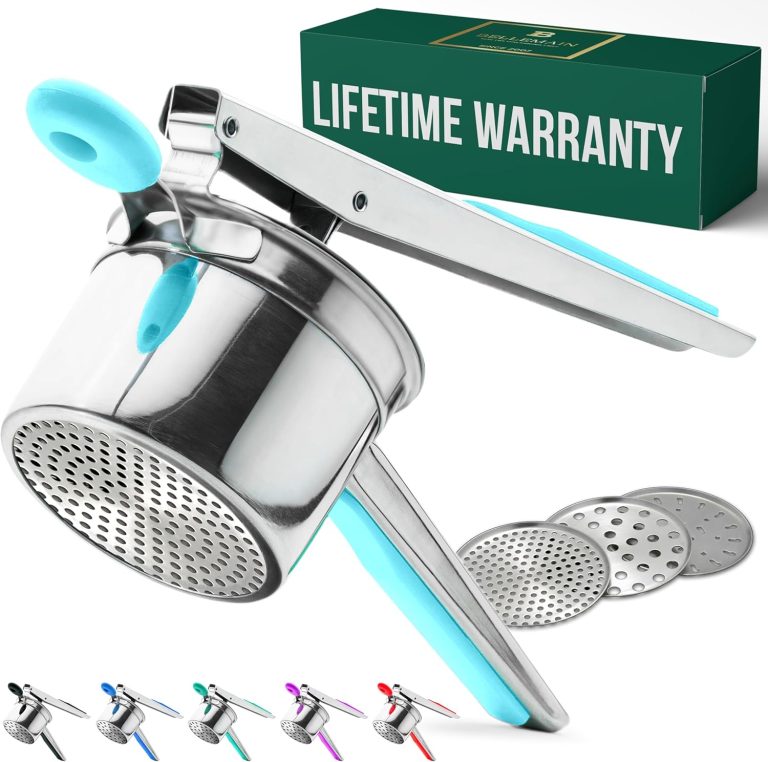 Bellemain 15 oz Large Potato Ricer | Heavy-Duty Stainless Steel Potato Ricer & Masher | Perfect for Mashed Potatoes | Ricer Kitchen Tool with 3 Interchangeable Discs (Aqua Blue)
