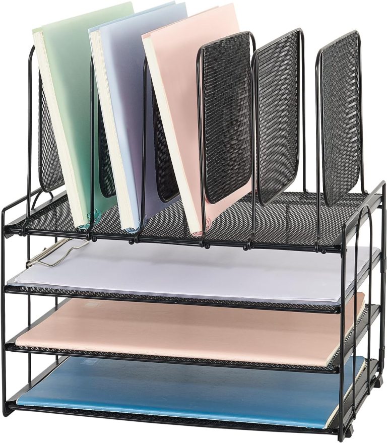 AUPSEN 3 Tier Desk File Organizer with 5 Section Vertical File Holder, Metal Paper Tray File Holder Sorter Desk Organizers and Accessories for Office School, Detachable File Organizer for Desk(Black)