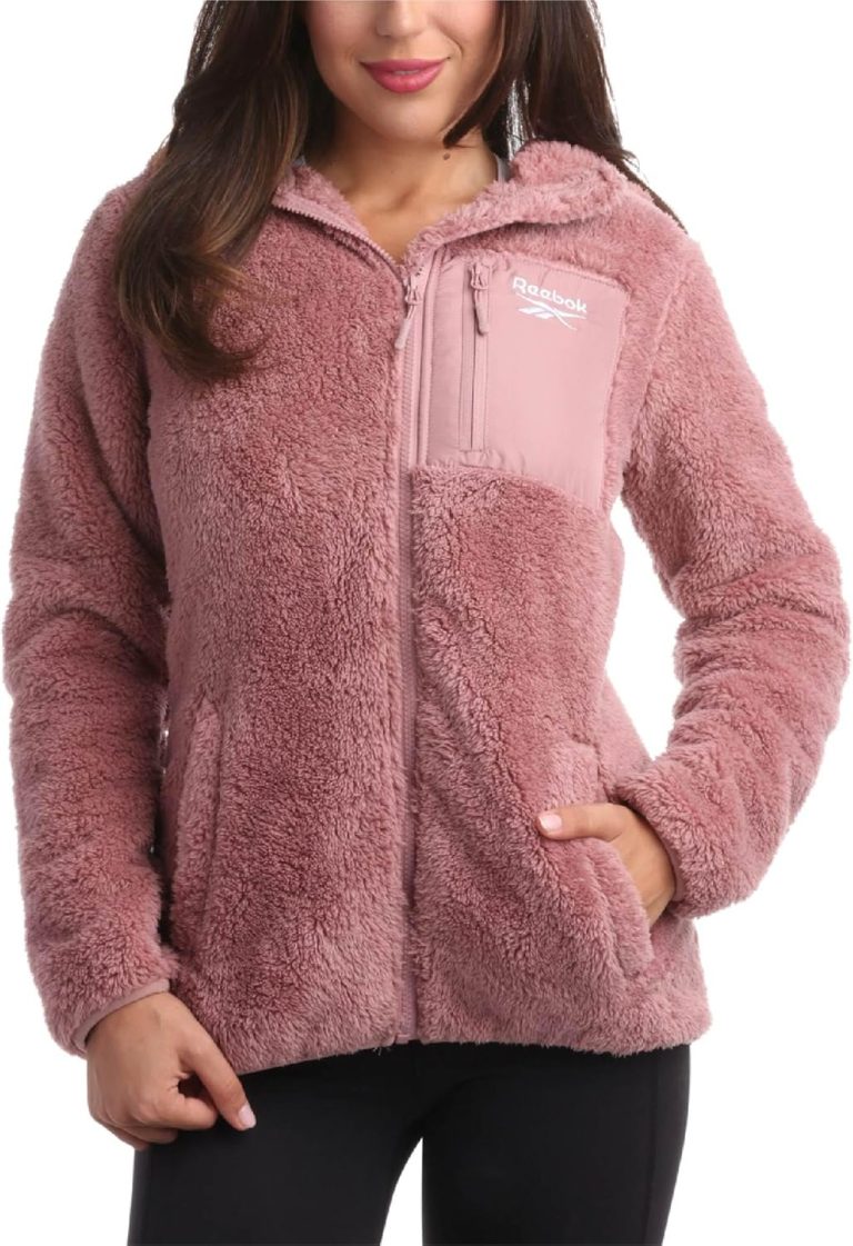 Reebok Women’s Fleece Sweatshirt Jacket – Full Zip Sherpa Fur Hooded Jacket – Lightweight Teddy Coat for Women (S-XL)