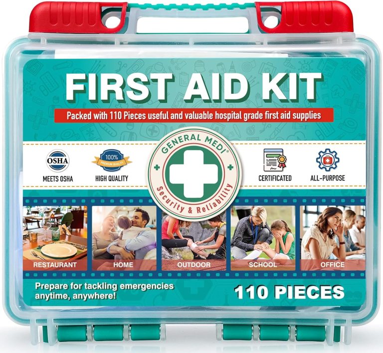 General Medi 110 Pieces Small First Aid Kit – HardCase First Aid Box – Contains Premium Medical Supplies for Travel, Home, Office, Vehicle, Camping, Workplace & Outdoor