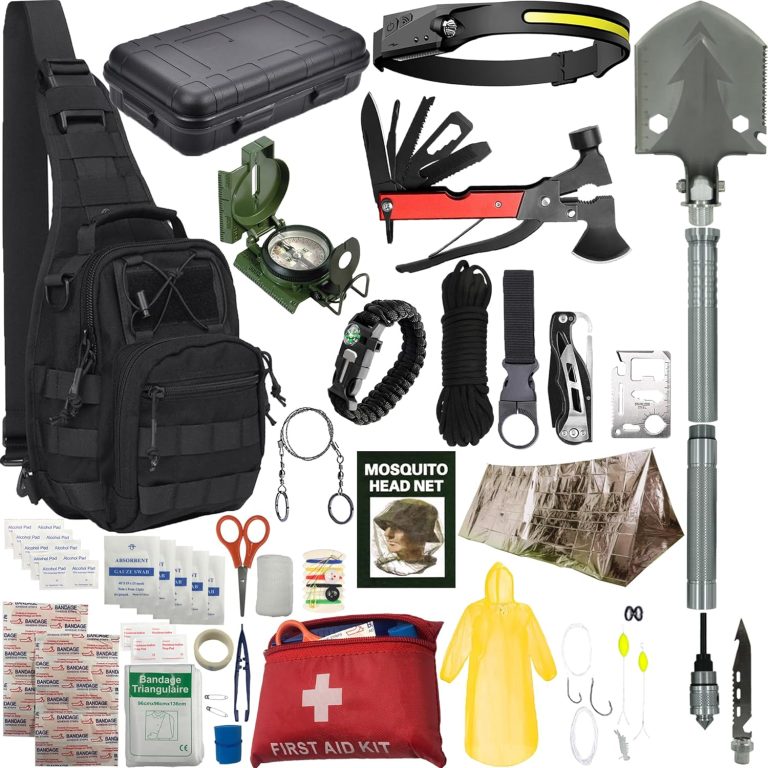 Survival Kit – Survival Gear and Supplies, Camping Gear, 75-Piece 18-in-1 Kit with First Aid, Compass, Headlamp, Shovel, Axe, Fire Starter, and More. Gift for Men, Boys, Fathers, Boyfriends and Dad