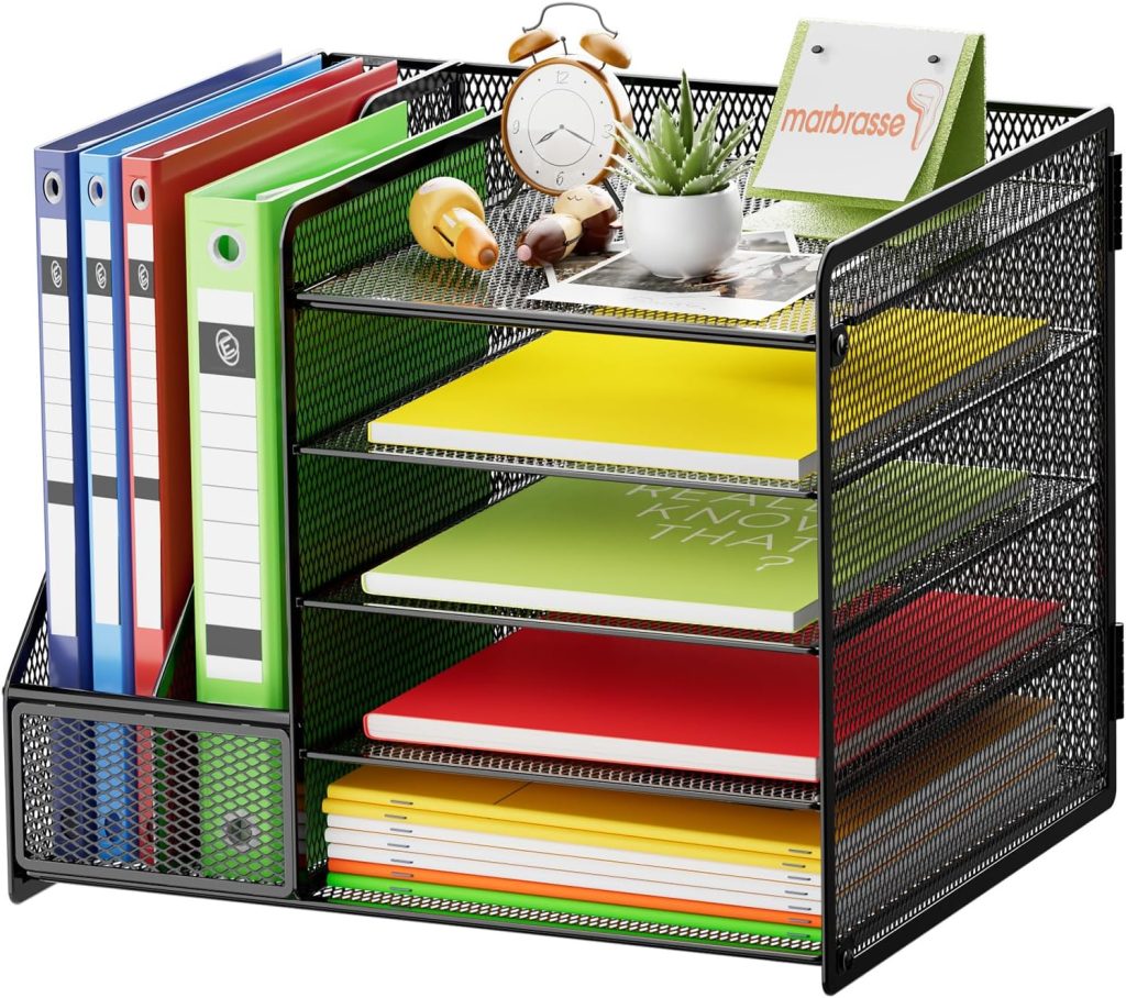 Marbrasse Desk Organizer with File Holder, 5-Tier Paper Letter Tray Organizer, Mesh Desk Organizers and Accessories with Magazine Holder, Desktop Organizer and Storage for Office Supplies (Black) Marbrasse Desk Organizer with File Holder, 5-Tier Paper Letter Tray Organizer, Mesh Desk Organizers and Accessories with Magazine Holder, Desktop Organizer and Storage for Office Supplies (Black)