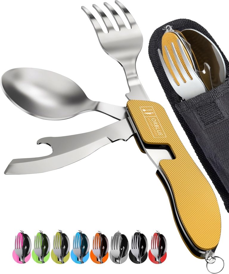 Orblue 4-in-1 Camping Utensils, 2-Pack, Portable Stainless Steel Spoon, Fork, Knife & Bottle Opener Combo Set – Travel, Backpacking Cutlery Multitool, Yellow
